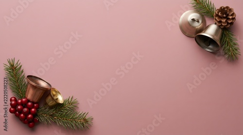 Christmas bells and fir branches frame on dusty pink background