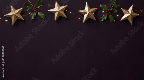 Golden christmas stars with holly leaves and fairy lights isolated on transparent background
