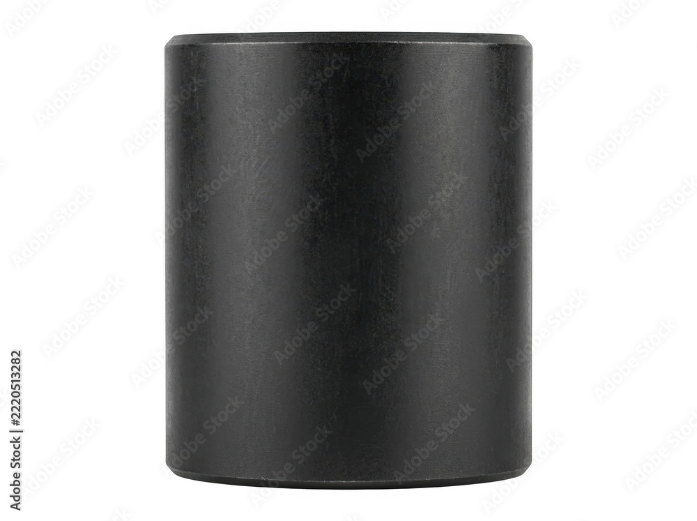 Fototapeta premium Matte black cylindrical container stands isolated against transparent background.