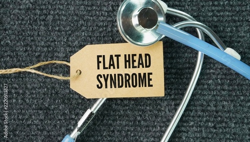 Stethoscope and paper tag with the words Flat head syndrome describes a misshapen infant skull caused by prolonged pressure on soft baby bones. It is a common, generally harmless condition that does