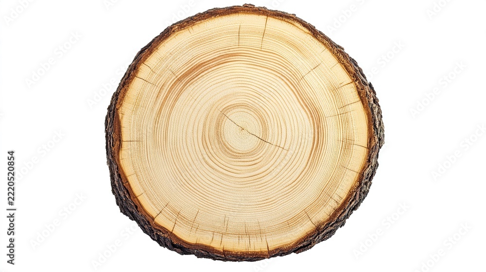 Fototapeta premium specimen. Smooth cross section of brown tree stump showing age rings, displayed on white background highlighting wood grain texture, gardening catalogs.