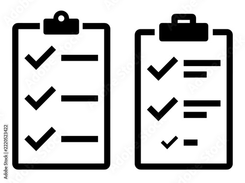 Two black flat vector icons of clipboards with checkmarks and lines isolated on a white background