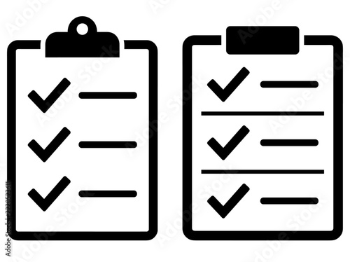 Two black clipboard icons with check marks on white background representing tasks and completion status