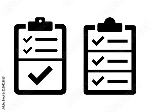 Two black clipboard icons with check marks for business task lists