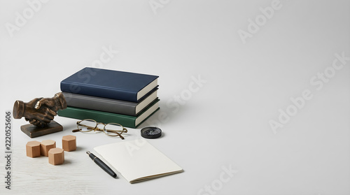 Neatly arranged professional stack of books with wooden blocks and glasses, concept for strategic corporate planning, SWOT analysis, and business governance frameworks