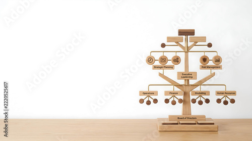Intricate wooden model illustrating strategic SWOT analysis framework with balanced scales, concept for corporate planning, risk management, and organizational governance