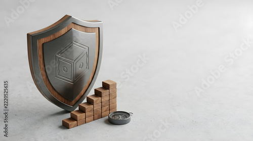 Modern metallic shield with ascending wooden blocks and padlock, symbolizing strategic SWOT analysis, corporate risk management, and organizational planning solutions