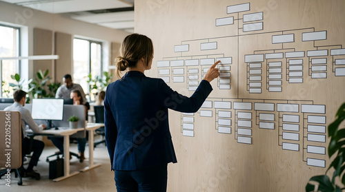 Professional corporate team analyzing strategic SWOT framework on office wall during a governance meeting, concept for risk management, organizational planning, and leadership decision-making