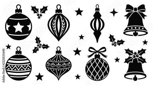 Black and white Christmas ornament vector set, festive bells stars holly winter holiday design elements, decorative baubles for print invitations and greeting card templates editable eps