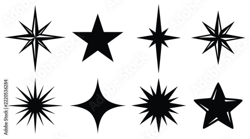Black star and sparkle vector icon set, celestial decor symbols, shiny starburst shapes, five-pointed stars, graphic design elements editable eps