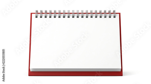 Red Tabletop Calendar Mockup with Blank Pages and Metal Binding Rings Isolated on White Background
