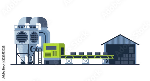 Industrial Factory Machinery with Conveyor Belt and Warehouse Illustration