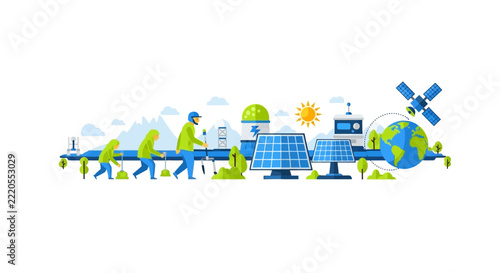 Solar Power and Renewable Energy Engineering Flat Vector Illustration with Workers and Global Sustainability Icons
