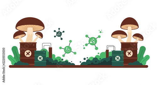 Mycoremediation Concept: Mushrooms Growing from Toxic Waste Barrels for Environmental Cleanup, Flat Vector Illustration of Bioremediation and Sustainable Ecology