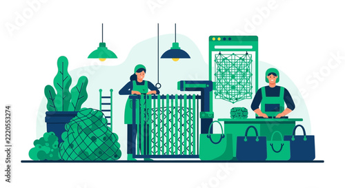 Sustainable Green Manufacturing Illustration: Workers Producing Eco-Friendly Recycled Bags in a Modern Factory Environment