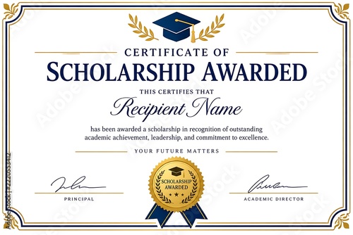 Professional certificate of scholarship template, elegant academic award diploma with gold seal, graduation recognition document
