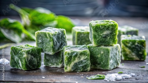 Frozen spinach cubes glimmered icily on the edge of a frostkissed countertop amidst mornings pale wintry silence