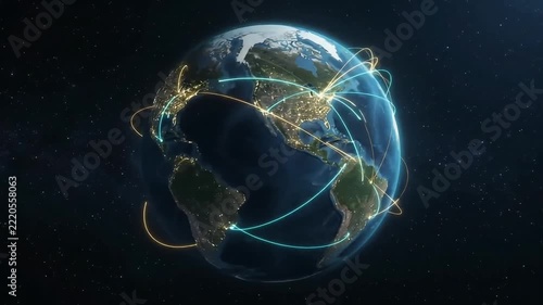 Rotating Digital Earth with Glowing Global Network Connections