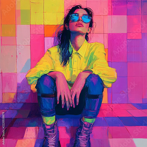 Vivid Vibes: Stylish Woman in Colorful Mosaic Wall