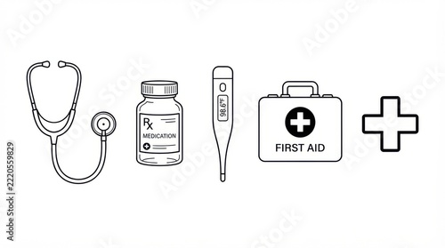Medical healthcare collection with stethoscope, medicine bottle, thermometer, first aid kit and medical cross, black and white vector.
