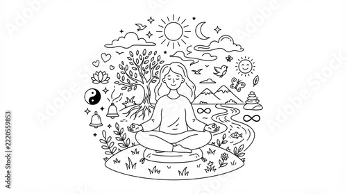 Mental Wellness Concept with Peaceful Person, Calming Nature and Positive Symbols, Minimalist Black and White Vector Illustration