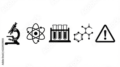 Microscope, atoms, test tubes, molecules and laboratory symbols, clean scientific vector illustration, pure black and white only, pure white background