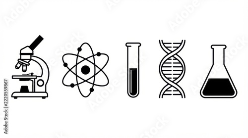 Science and Laboratory Equipment with Microscope, Test Tubes, Atoms and Molecules, Black and White Vector Illustration