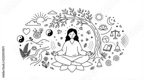 Mental wellness concept with peaceful person surrounded by calming nature and positive symbols, minimalist black and white vector