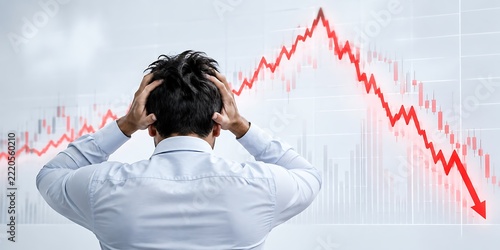 Stressed businessman holding head in despair, financial market crash and stock market downturn. Economic crisis and investment loss concept