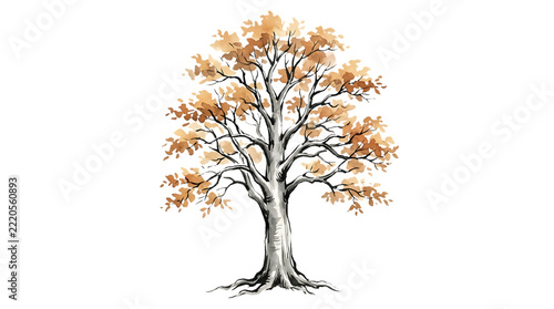 Autumn beech tree with golden orange foliage isolated graphic element