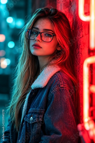 Cyberpunk portrait of a stylish young woman wearing glasses and denim jacket, glowing neon lights, urban night lifestyle