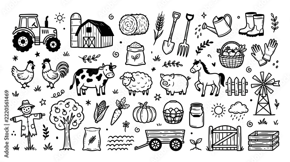 Fototapeta premium Hand Drawn Farm Life Elements Collection Featuring Livestock Animals Agricultural Tools And Rustic Countryside Barn Infrastructure Icons