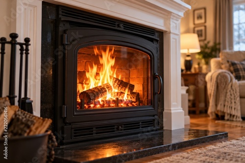 A cozy, glowing fireplace with crackling flames behind a glass door inside a bright home interior.