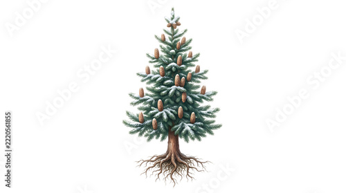 Snowy fir tree with pine cones and visible roots isolated on a