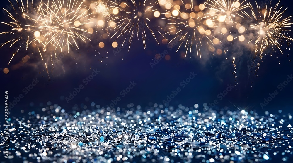 Fototapeta premium Festive celebration background with bright golden fireworks bursting in the dark sky above a sparkling blue glitter surface for holiday events
