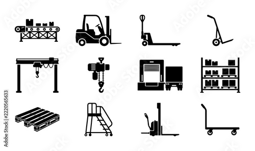 Industrial Logistics Icons: Forklift, Crane, Pallet Jack, Conveyor, Warehouse Equipment