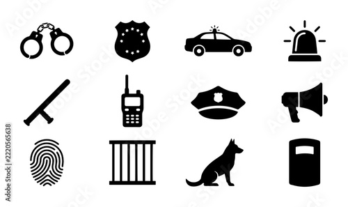 Police Icons Set, Law Enforcement Symbols, Justice and Security Vector Graphics