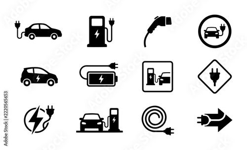Electric Car Charging Icons, EV Station Symbols, Clean Energy Vehicle Icons