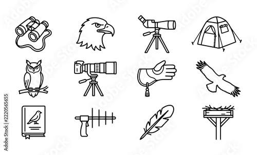 Bird Watching Icons, Ornithology Set, Wildlife Observation Gear, Nature Study Vector