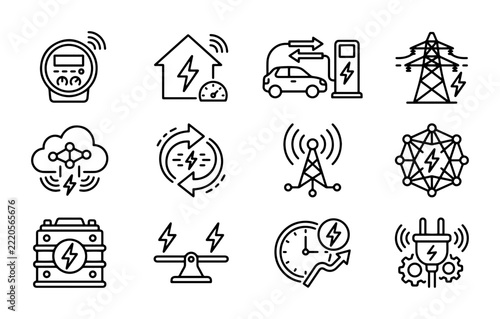 Energy Icons Set: Smart Grid, EV Charging, Power Meter, Network