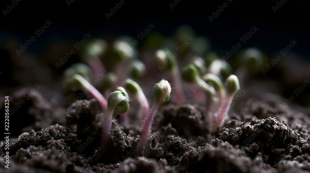 Naklejka premium Tiny green seedlings emerging from dark soil with delicate stems and soft focus background