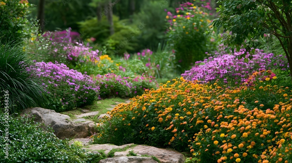 Fototapeta premium A vibrant garden path winds through lush greenery and colorful flowering plants under soft natural light