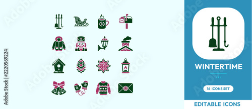 Wintertime icons cozy apparel and festive holiday objects vector set