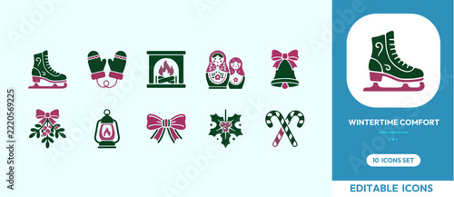 Winter comfort icons cozy home and seasonal activities vector set