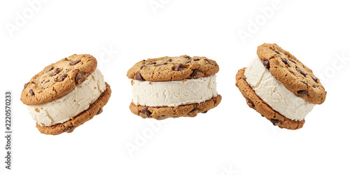 Three chocolate chip cookie ice cream sandwiches isolated on transparent background