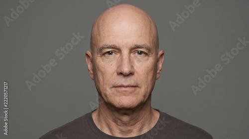 Middle-aged bald man looking directly into the camera with a serious and contemplative expression in a studio setting.