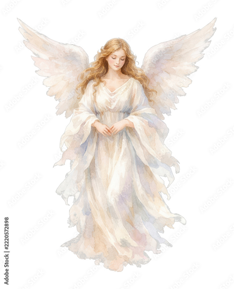 Fototapeta premium PNG Elegant watercolor angel with flowing gown and wings.