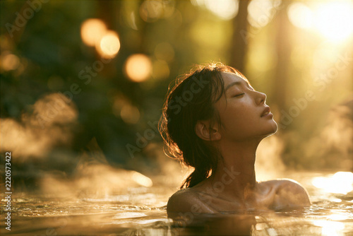 East Asian woman relaxing in warm natural light while bathing in forest spring, peaceful profile and golden water creating serene outdoor wellness scene