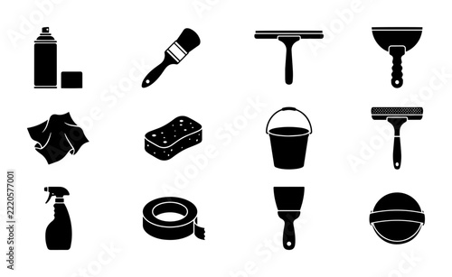 Cleaning Tools Set, Vector Icons for Home Maintenance and Janitorial Services