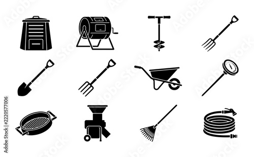 Gardening Tools Vector Icons, Organic Composting Equipment, Lawn Care & Yard Work Set